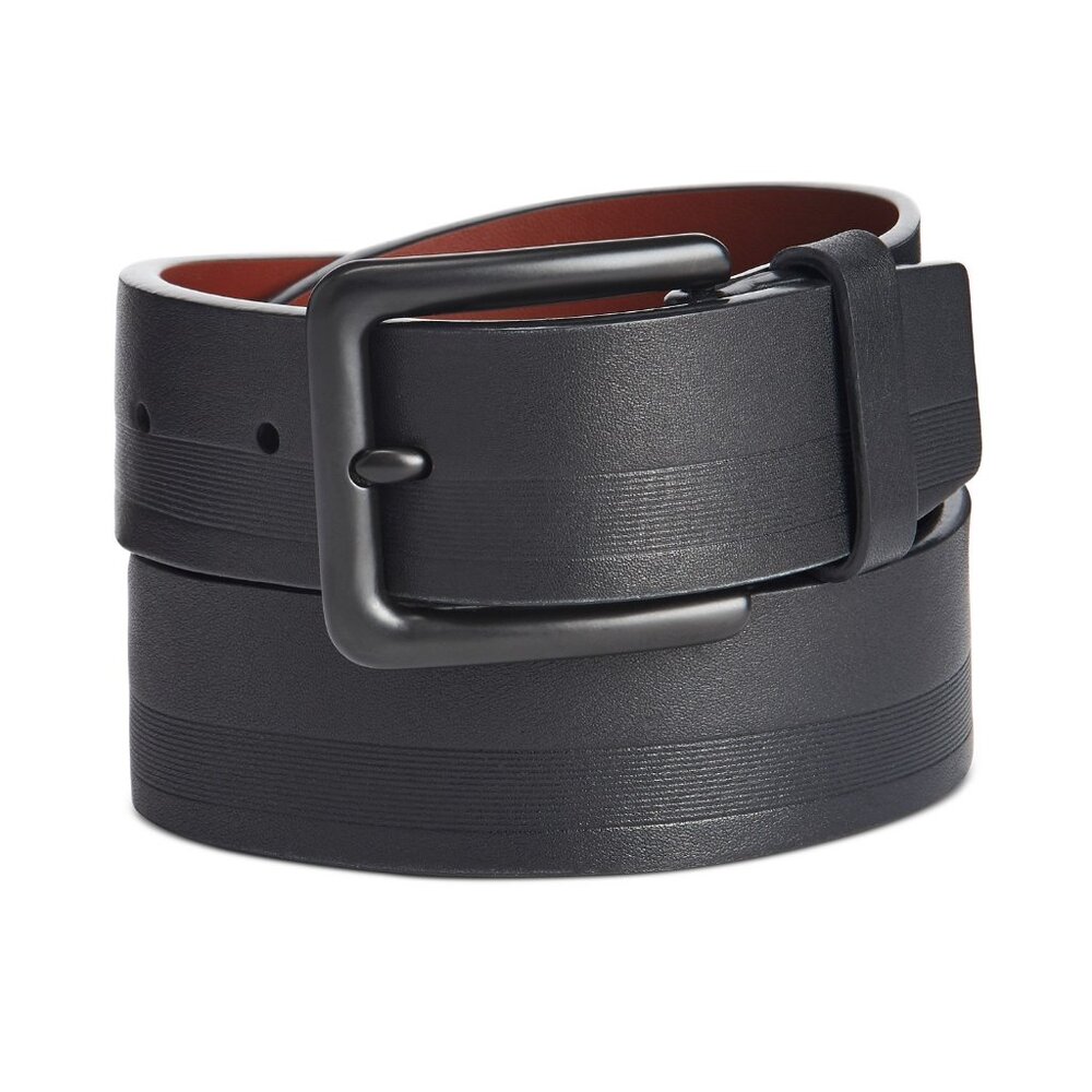 Original Penguin Men's Faux Leather Embossed Casual Belt Black B4HP